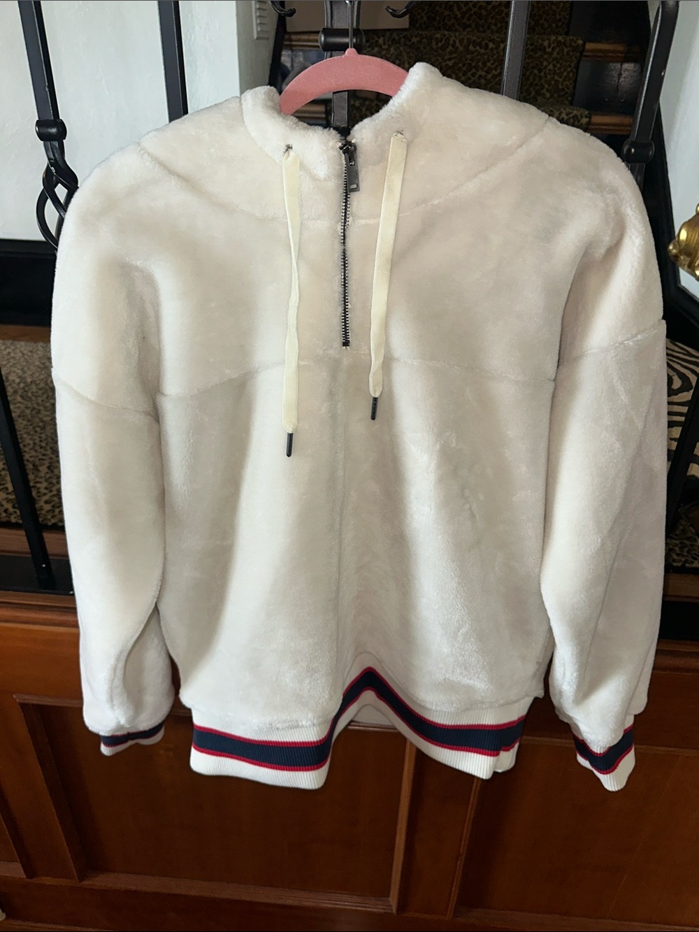 UGG Cream Plush Hooded Half-Zip Sweatshirt with Pink Trim